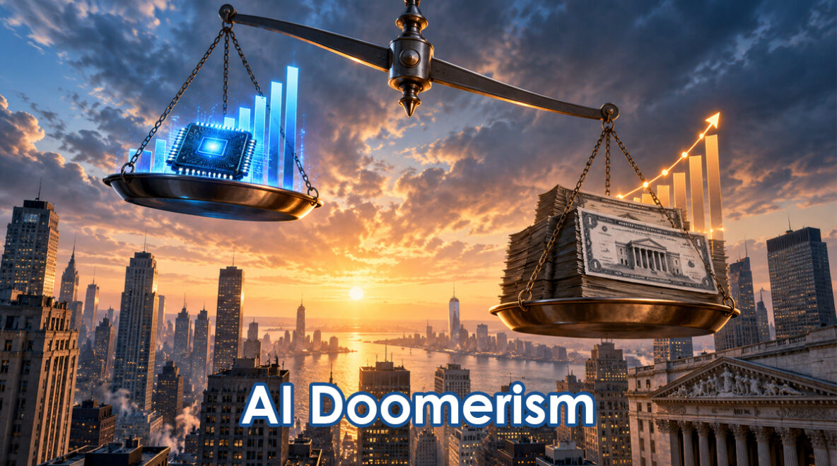 Scales balance a stack of dollar bills against glowing data charts and a microchip over a city skyline at sunset, with the text 'AI Doomerism'.