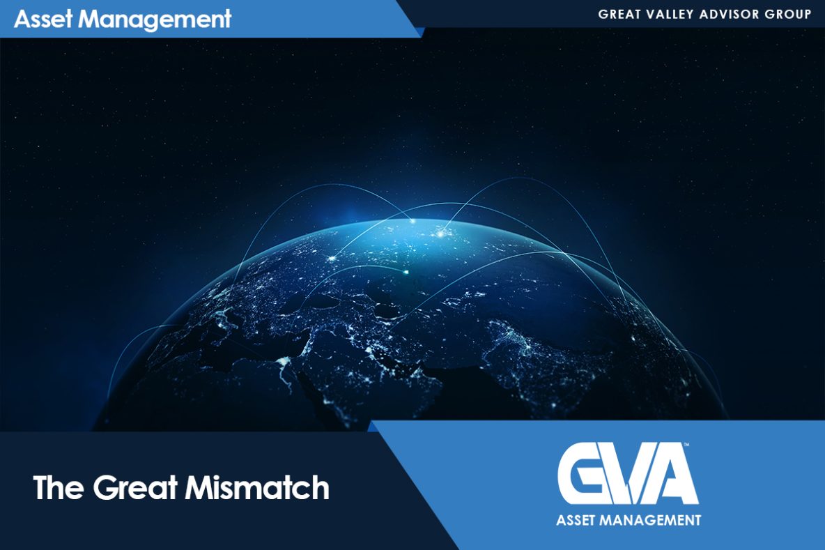 Earth from space with glowing network lines over a dark starry background; blue branding for Great Valley Advisor Group and GVA Asset Management, titled 'The Great Mismatch'
