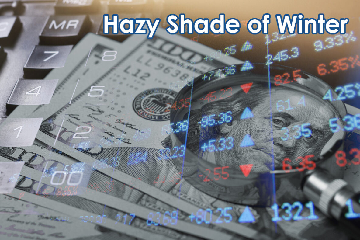Stock market data overlaid on dollar bills with a magnifying glass and calculator keys, conveying financial analysis.