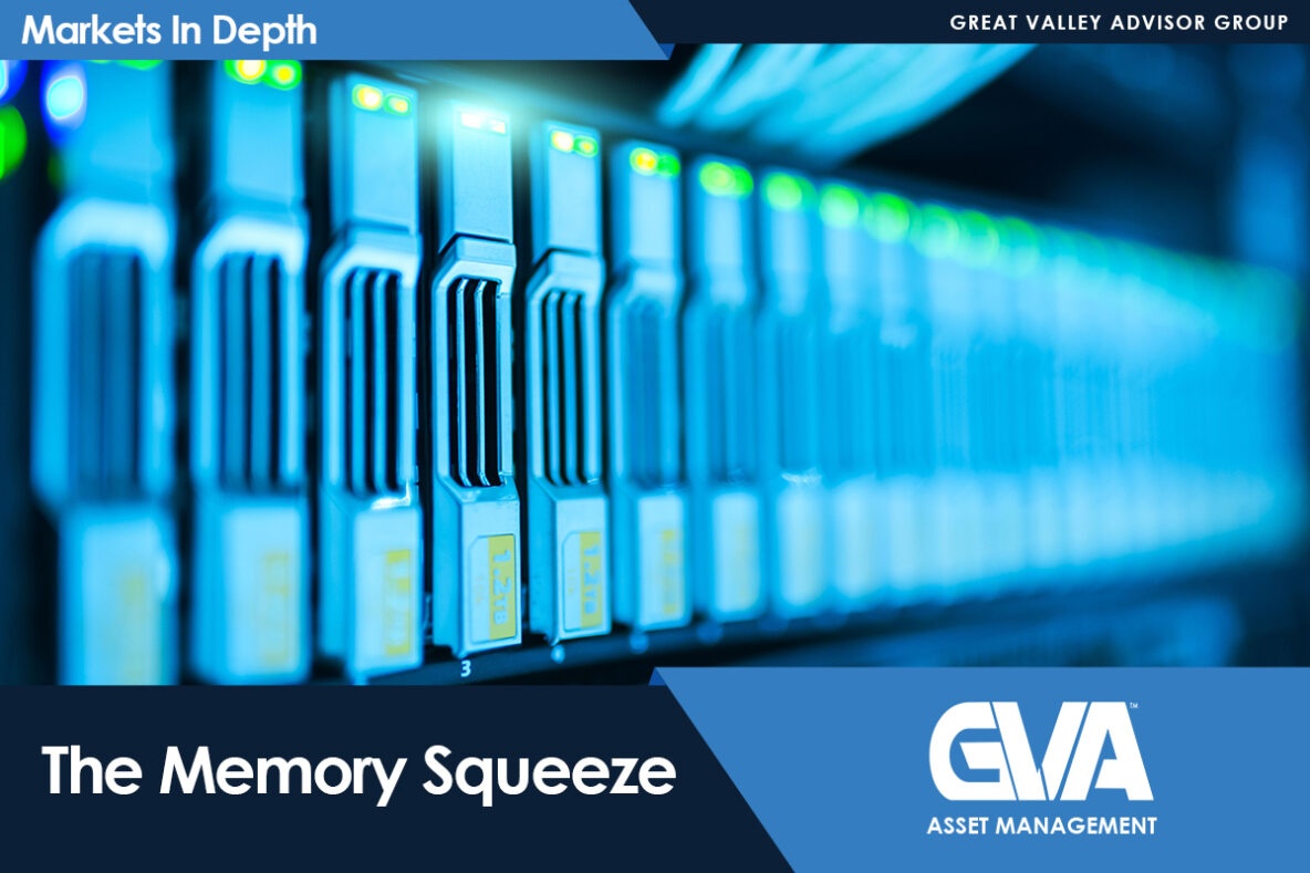 Blue-tinged data center server racks with glowing indicators, used as a header for Markets In Depth: 'The Memory Squeeze' (GVA Asset Management).