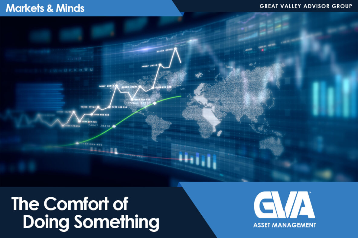 Hero banner: blue stock market line graph over a world map with the headline 'The Comfort of Doing Something' and the GVA Asset Management logo.