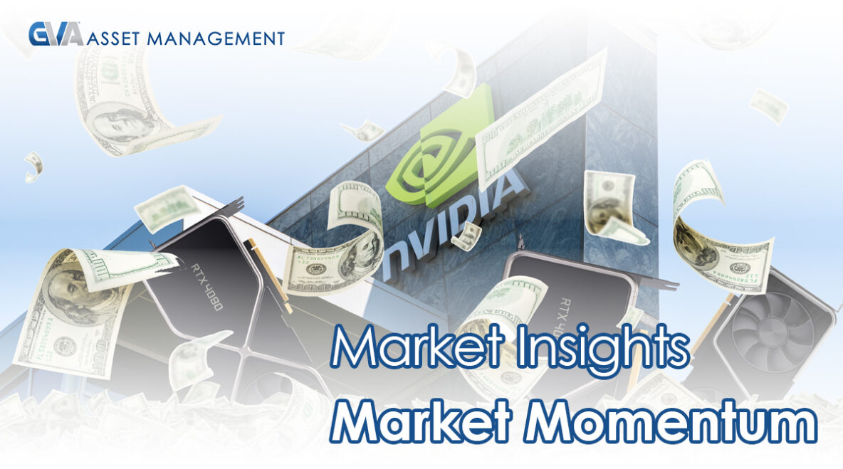 Hero banner showing GPUs and dollar bills raining over a corporate building with 'Market Insights, Market Momentum' text, representing market analysis in tech assets.