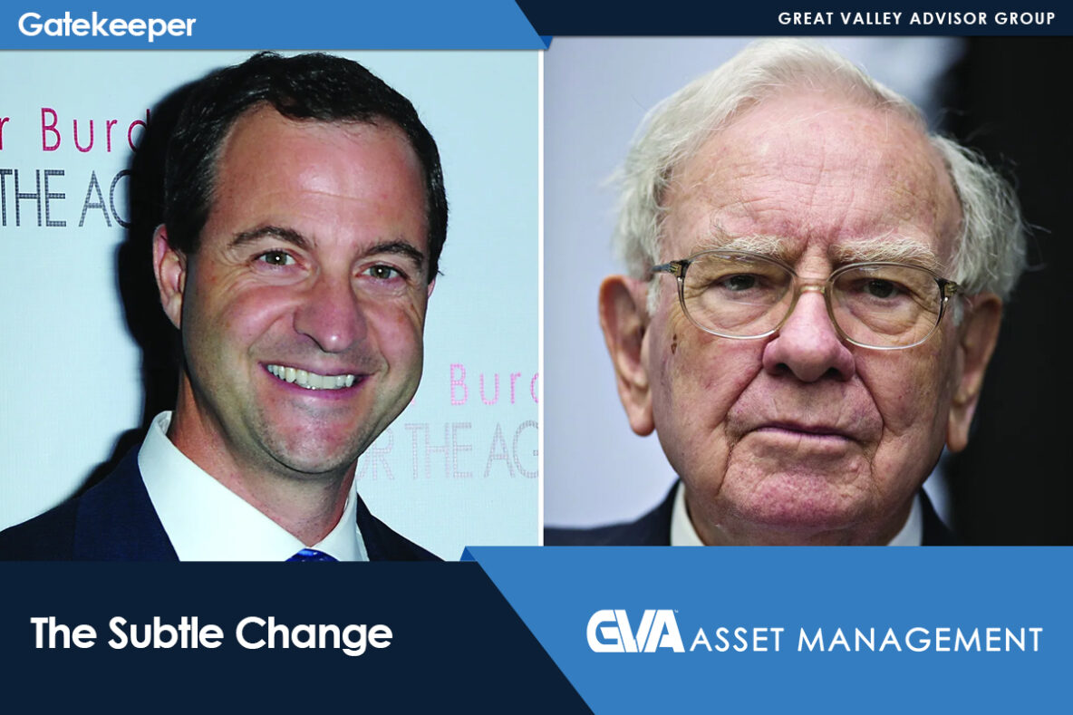Split portrait of two men in suits—smiling younger man left, serious older man with glasses right; corporate branding above and below.